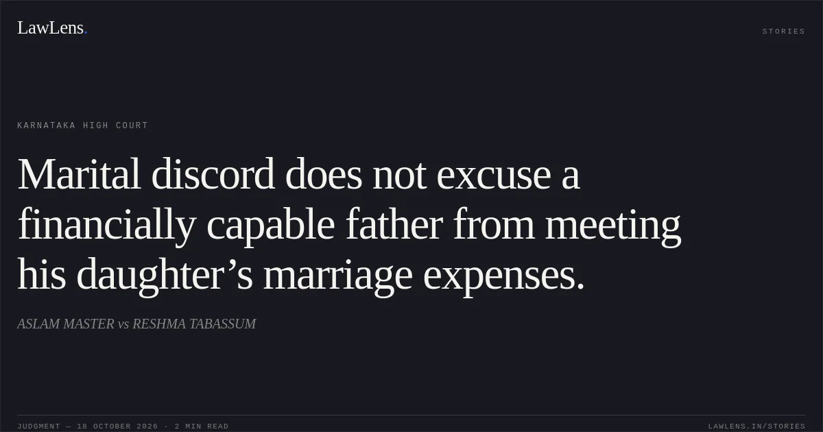 Marital discord does not excuse a financially capable father from meeting his daughter’s marriage expenses.. ASLAM MASTER vs RESHMA TABASSUM. Karnataka High Court. LawLens