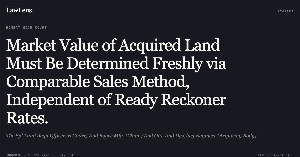 Market Value of Acquired Land Must Be Determined Freshly via Comparable Sales Method, Independent of Ready Reckoner Rates.. The Spl.Land Acqn.Officer vs Godrej And Boyce Mfg. (Claim) And Ors. And Dy Chief Engineer (Acquiring Body). Bombay High Court. LawLens