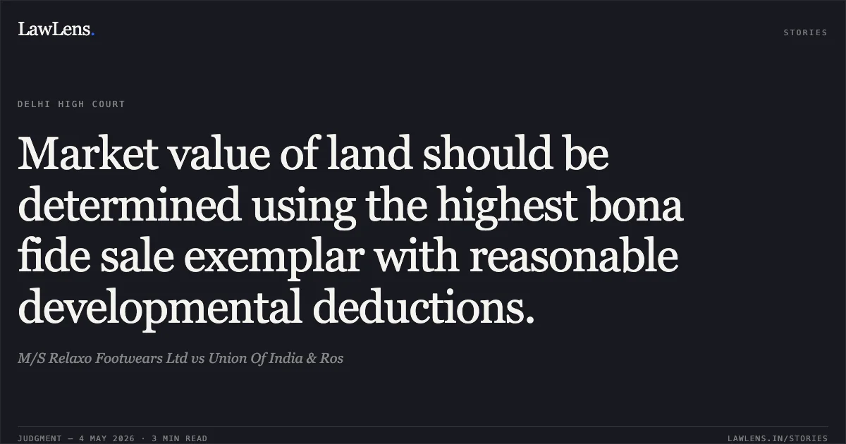 Market value of land should be determined using the highest bona fide sale exemplar with reasonable developmental deductions.. M/S Relaxo Footwears Ltd vs Union Of India & Ros. Delhi High Court. LawLens
