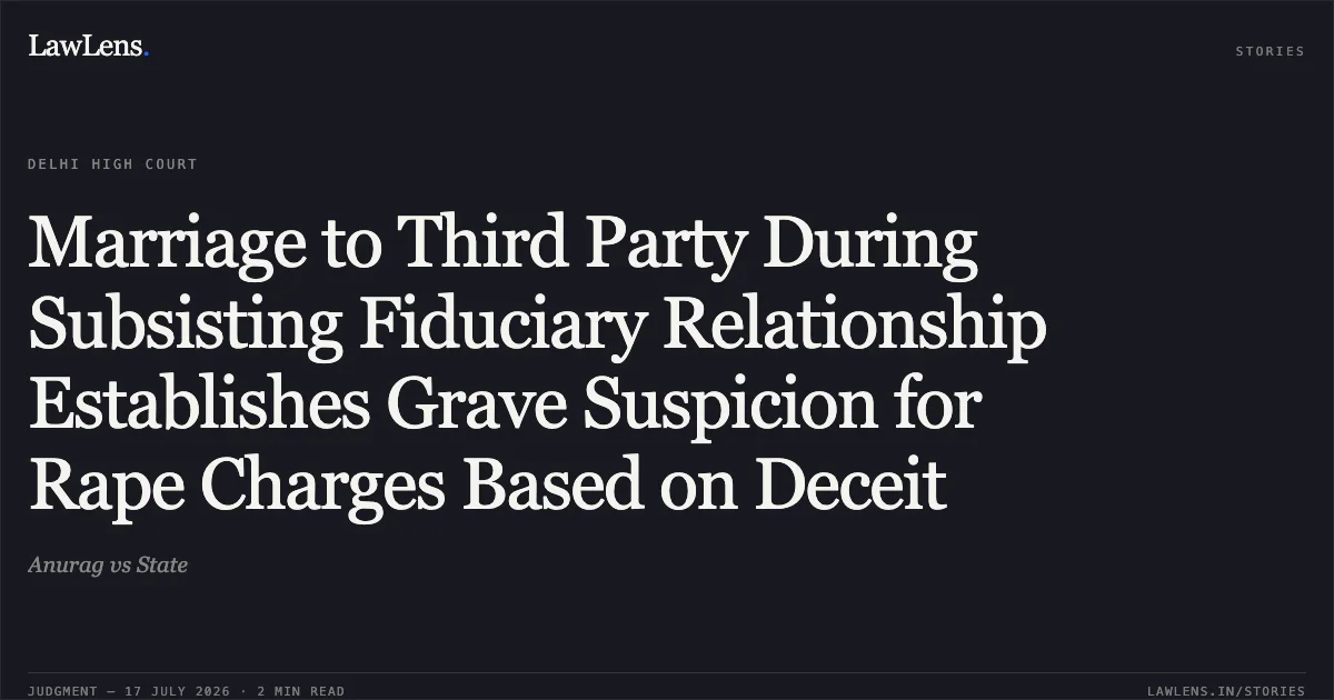 Marriage to Third Party During Subsisting Fiduciary Relationship Establishes Grave Suspicion for Rape Charges Based on Deceit. Anurag vs State. Delhi High Court. LawLens