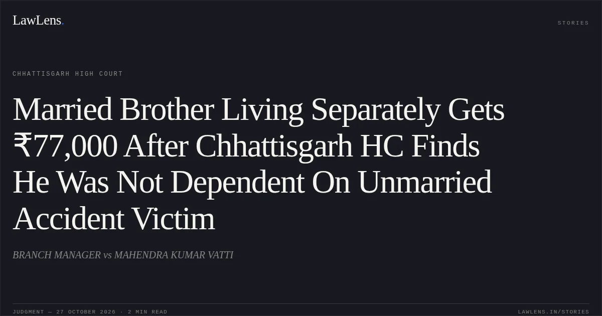 Married Brother Living Separately Gets ₹77,000 After Chhattisgarh HC Finds He Was Not Dependent On Unmarried Accident Victim. BRANCH MANAGER vs MAHENDRA KUMAR VATTI. Chhattisgarh High Court. LawLens
