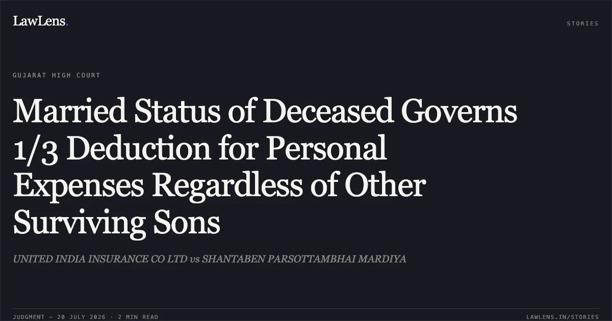 Married Status of Deceased Governs 1/3 Deduction for Personal Expenses Regardless of Other Surviving Sons. UNITED INDIA INSURANCE CO LTD vs SHANTABEN PARSOTTAMBHAI MARDIYA. Gujarat High Court. LawLens