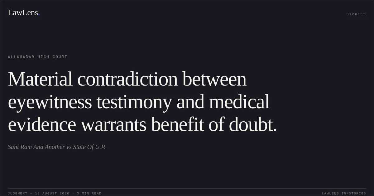Material contradiction between eyewitness testimony and medical evidence warrants benefit of doubt.. Sant Ram And Another vs State Of U.P.. Allahabad High Court. LawLens