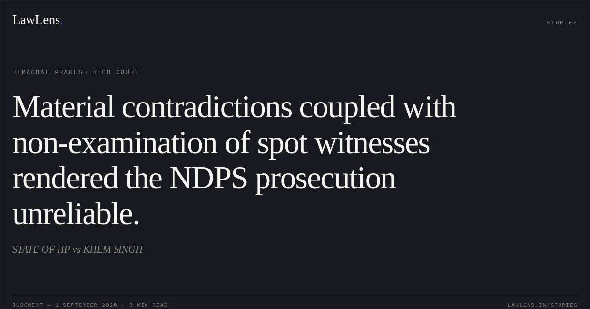 Material contradictions coupled with non-examination of spot witnesses rendered the NDPS prosecution unreliable.. STATE OF HP vs KHEM SINGH. Himachal Pradesh High Court. LawLens