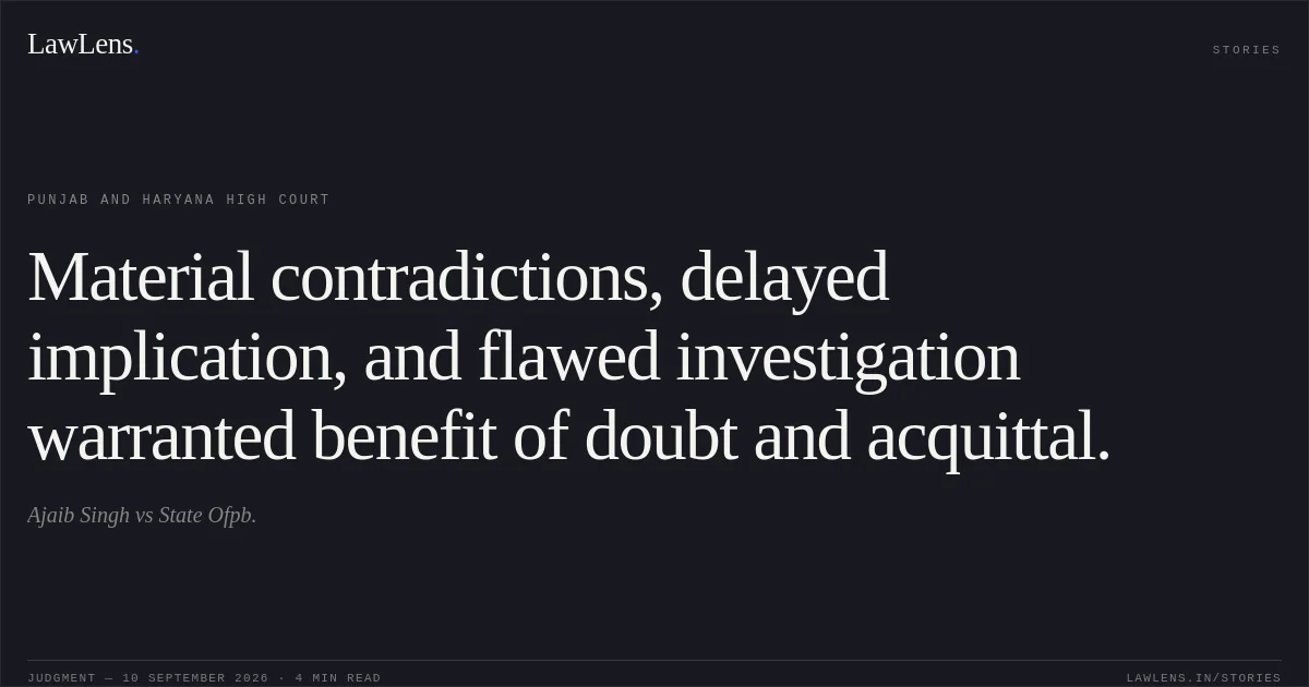 Material contradictions, delayed implication, and flawed investigation warranted benefit of doubt and acquittal.. Ajaib Singh vs State Ofpb.. Punjab and Haryana High Court. LawLens