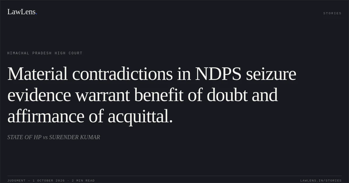 Material contradictions in NDPS seizure evidence warrant benefit of doubt and affirmance of acquittal.. STATE OF HP vs SURENDER KUMAR. Himachal Pradesh High Court. LawLens