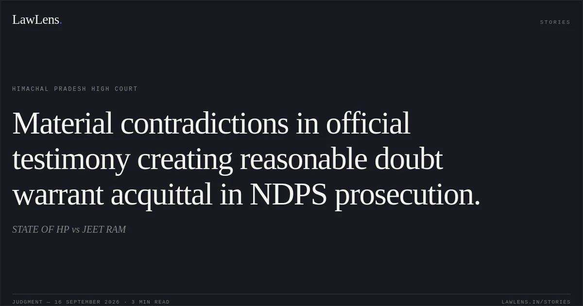Material contradictions in official testimony creating reasonable doubt warrant acquittal in NDPS prosecution.. STATE OF HP vs JEET RAM. Himachal Pradesh High Court. LawLens