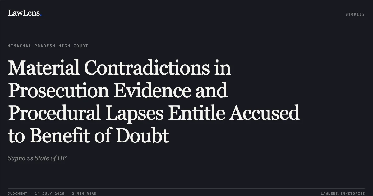 Material Contradictions in Prosecution Evidence and Procedural Lapses Entitle Accused to Benefit of Doubt. Sapna vs State of HP. High Court of Himachal Pradesh. LawLens