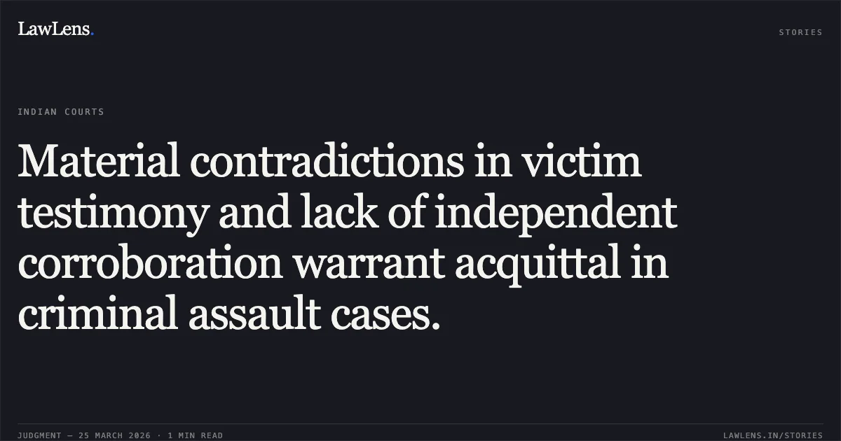 Material contradictions in victim testimony and lack of independent corroboration warrant acquittal in criminal assault cases.. STATE OF CHHATTISGARH vs CHANDRABHAN. Chhattisgarh High Court. LawLens
