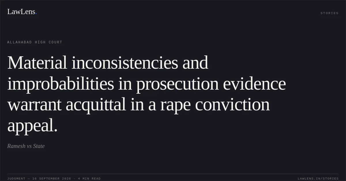 Material inconsistencies and improbabilities in prosecution evidence warrant acquittal in a rape conviction appeal.. Ramesh vs State. Allahabad High Court. LawLens