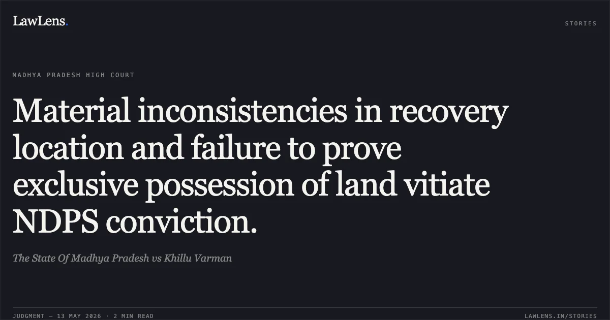 Material inconsistencies in recovery location and failure to prove exclusive possession of land vitiate NDPS conviction.. The State Of Madhya Pradesh vs Khillu Varman. Madhya Pradesh High Court. LawLens
