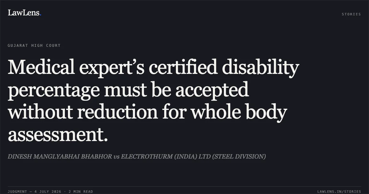 Medical expert’s certified disability percentage must be accepted without reduction for whole body assessment.. DINESH MANGLYABHAI BHABHOR vs ELECTROTHURM (INDIA) LTD (STEEL DIVISION). Gujarat High Court. LawLens