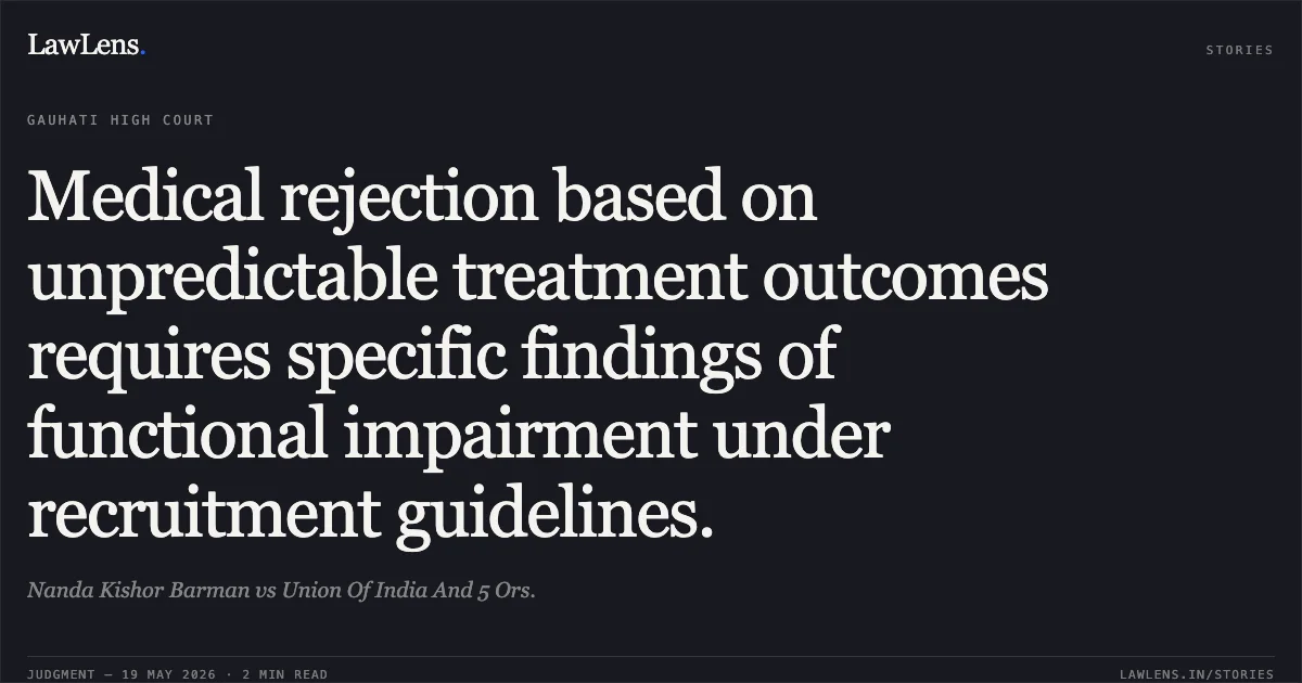 Medical rejection based on unpredictable treatment outcomes requires specific findings of functional impairment under recruitment guidelines.. Nanda Kishor Barman vs Union Of India And 5 Ors.. Gauhati High Court. LawLens