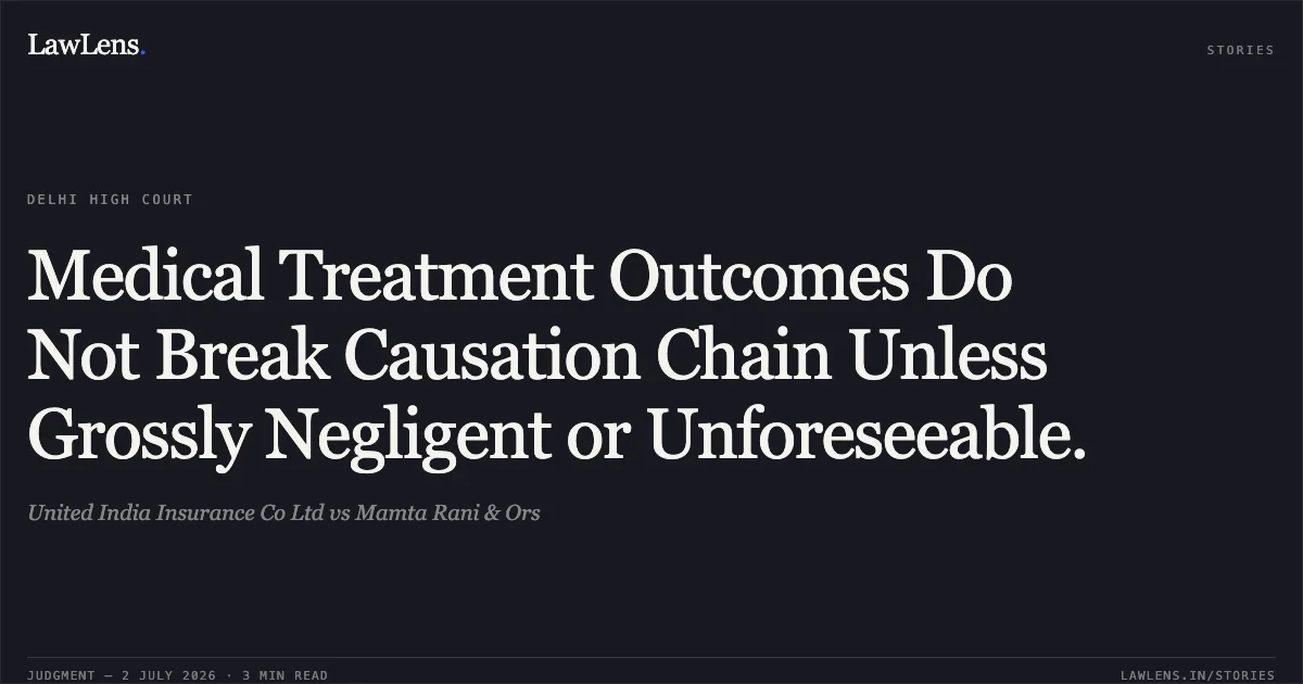 Medical Treatment Outcomes Do Not Break Causation Chain Unless Grossly Negligent or Unforeseeable.. United India Insurance Co Ltd vs Mamta Rani & Ors. Delhi High Court. LawLens