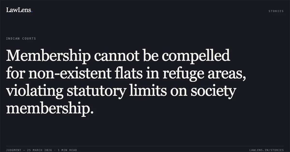 Membership cannot be compelled for non-existent flats in refuge areas, violating statutory limits on society membership.. DHEERAJ DREAMS BUILDING NO. 1 CHS LTD. AND 3 ORS vs DIVISIONAL JOINT REGISTRAR CO-OPERATIVE SOCIETIES MUMBAI DIVISION, MUMBAI AND 6 ORS. Bombay High Court. LawLens