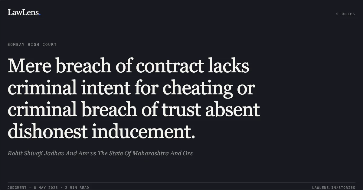 Mere breach of contract lacks criminal intent for cheating or criminal breach of trust absent dishonest inducement.. Rohit Shivaji Jadhav And Anr vs The State Of Maharashtra And Ors. Bombay High Court. LawLens