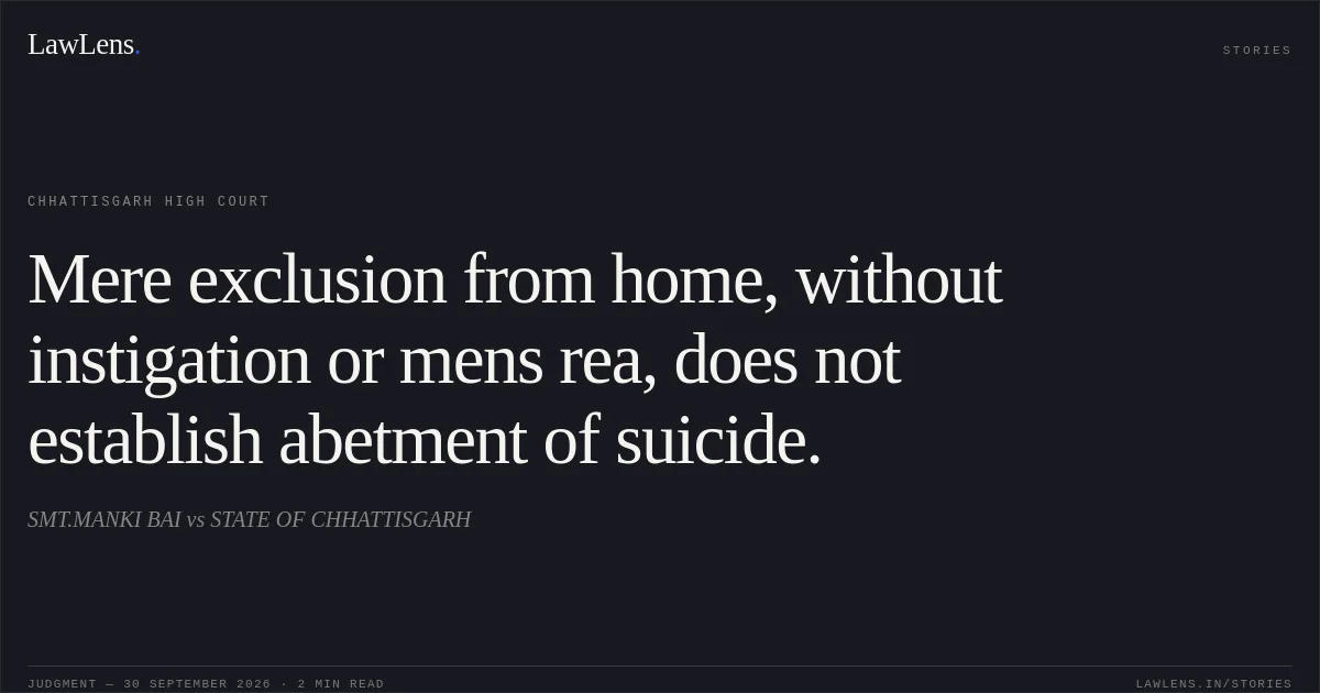 Mere exclusion from home, without instigation or mens rea, does not establish abetment of suicide.. SMT.MANKI BAI vs STATE OF CHHATTISGARH. Chhattisgarh High Court. LawLens