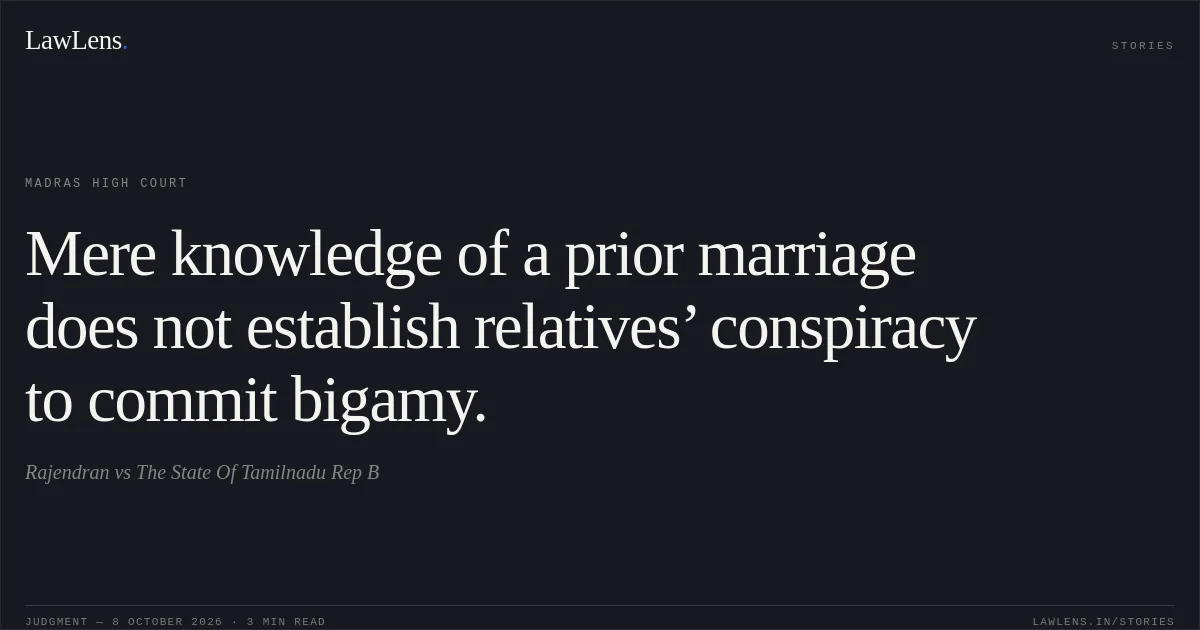 Mere knowledge of a prior marriage does not establish relatives’ conspiracy to commit bigamy.. Rajendran vs The State Of Tamilnadu Rep B. Madras High Court. LawLens