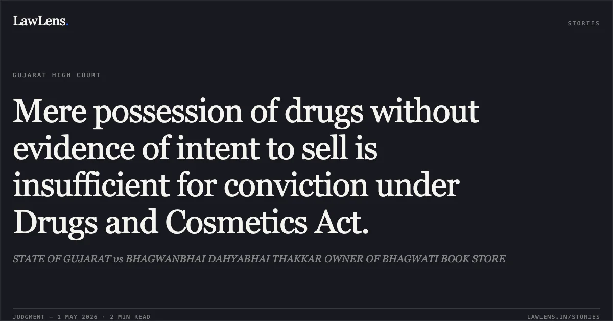 Mere possession of drugs without evidence of intent to sell is insufficient for conviction under Drugs and Cosmetics Act.. STATE OF GUJARAT vs BHAGWANBHAI DAHYABHAI THAKKAR OWNER OF BHAGWATI BOOK STORE. Gujarat High Court. LawLens