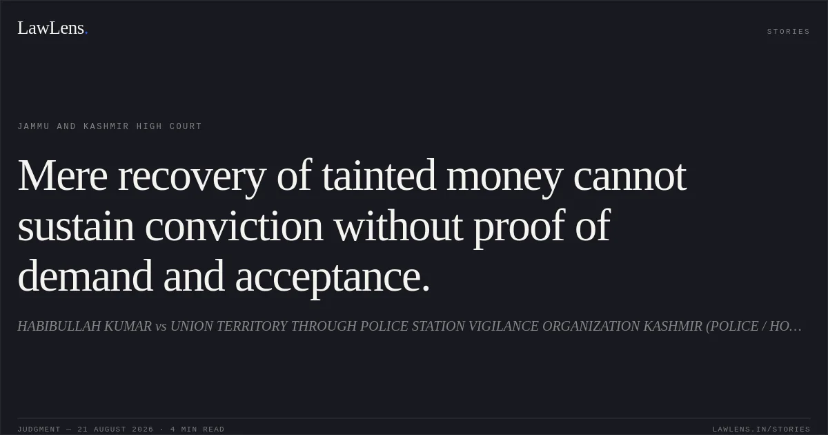 Mere recovery of tainted money cannot sustain conviction without proof of demand and acceptance.. HABIBULLAH KUMAR vs UNION TERRITORY THROUGH POLICE STATION VIGILANCE ORGANIZATION KASHMIR (POLICE / HOME). Jammu and Kashmir High Court. LawLens
