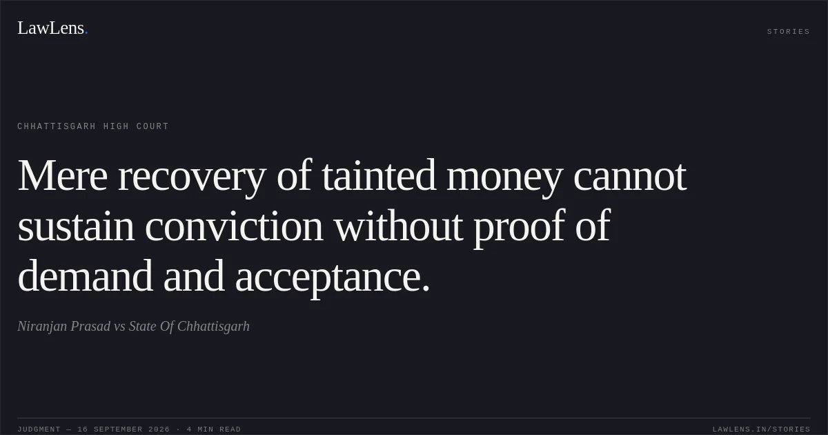 Mere recovery of tainted money cannot sustain conviction without proof of demand and acceptance.. Niranjan Prasad vs State Of Chhattisgarh. Chhattisgarh High Court. LawLens