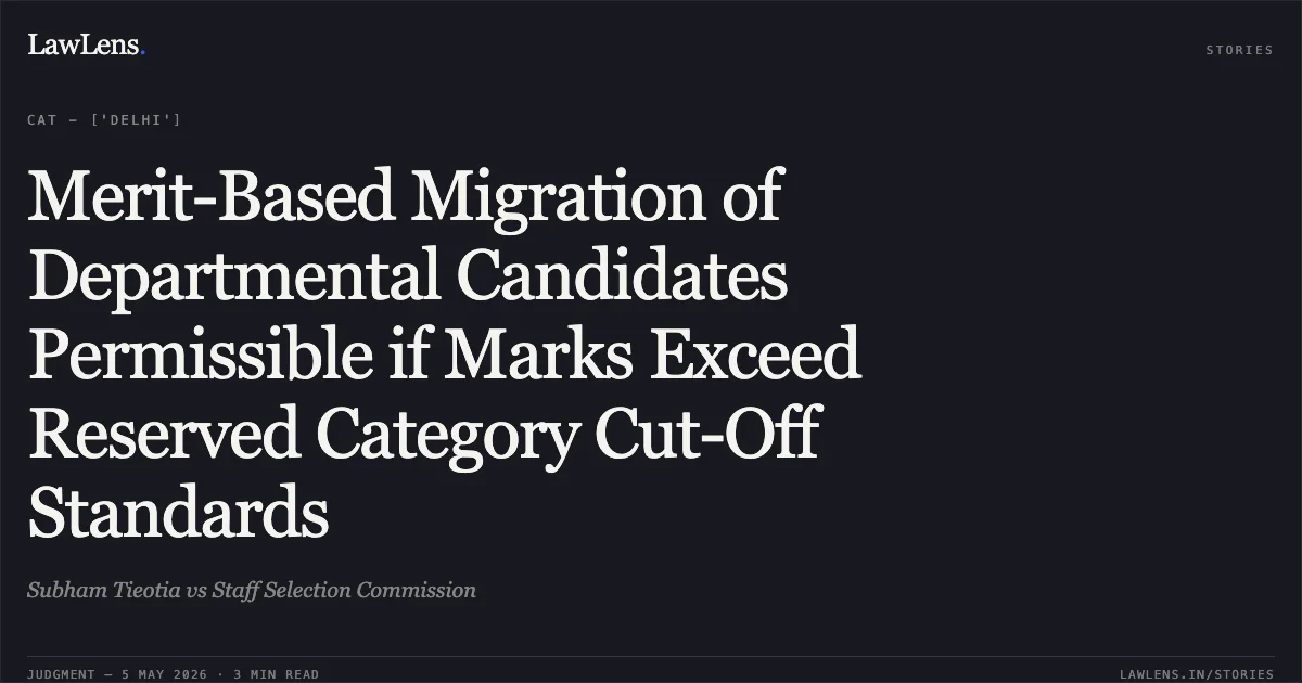 Merit-Based Migration of Departmental Candidates Permissible if Marks Exceed Reserved Category Cut-Off Standards. Subham Tieotia vs Staff Selection Commission. Central Administrative Tribunal. LawLens