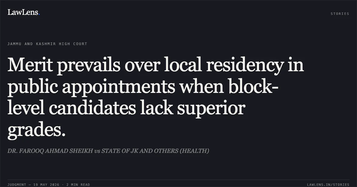 Merit prevails over local residency in public appointments when block-level candidates lack superior grades.. DR. FAROOQ AHMAD SHEIKH vs STATE OF JK AND OTHERS (HEALTH). Jammu and Kashmir High Court. LawLens