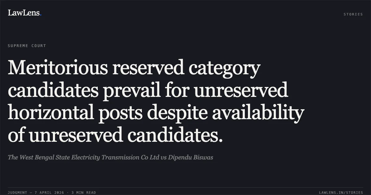 Meritorious reserved category candidates prevail for unreserved horizontal posts despite availability of unreserved candidates.. The West Bengal State Electricity Transmission Co Ltd vs Dipendu Biswas. Supreme Court. LawLens