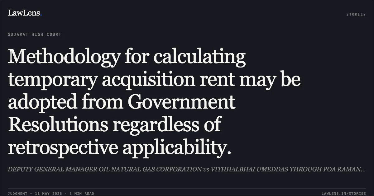 Methodology for calculating temporary acquisition rent may be adopted from Government Resolutions regardless of retrospective applicability.. DEPUTY GENERAL MANAGER OIL NATURAL GAS CORPORATION vs VITHHALBHAI UMEDDAS THROUGH POA RAMANBHAI KANTILAL. Gujarat High Court. LawLens