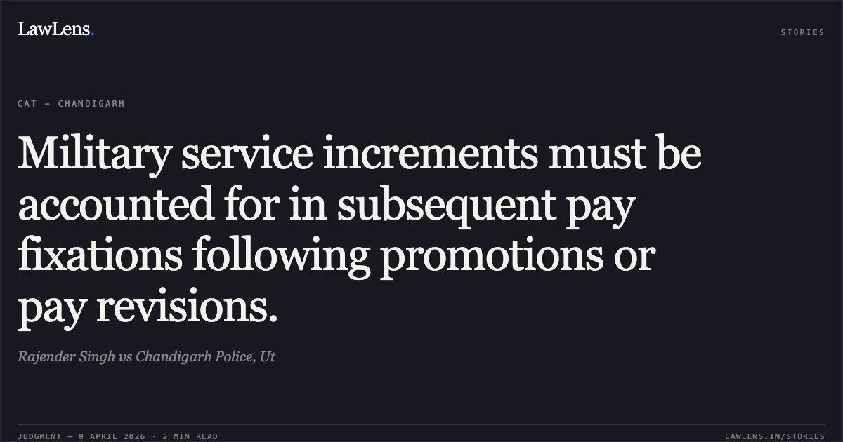 Military service increments must be accounted for in subsequent pay fixations following promotions or pay revisions.. Rajender Singh vs Chandigarh Police, Ut. Central Administrative Tribunal. LawLens