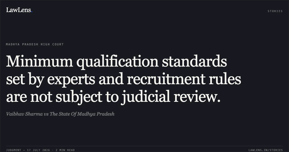 Minimum qualification standards set by experts and recruitment rules are not subject to judicial review.. Vaibhav Sharma vs The State Of Madhya Pradesh. Madhya Pradesh High Court. LawLens