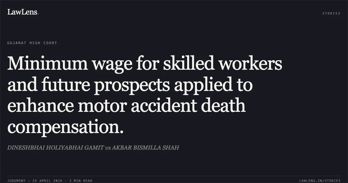 Minimum wage for skilled workers and future prospects applied to enhance motor accident death compensation.. DINESHBHAI HOLIYABHAI GAMIT vs AKBAR BISMILLA SHAH. Gujarat High Court. LawLens