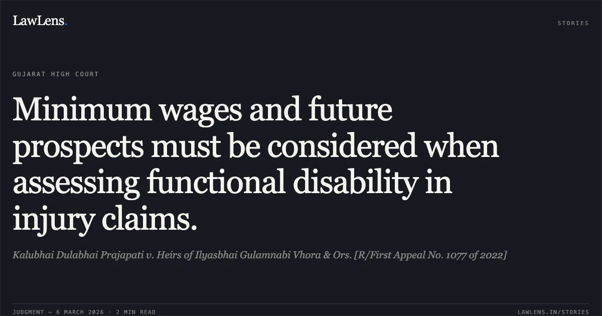Minimum wages and future prospects must be considered when assessing functional disability in injury claims.. Kalubhai Dulabhai Prajapati v. Heirs of Ilyasbhai Gulamnabi Vhora & Ors. [R/First Appeal No. 1077 of 2022]. Gujarat High Court. LawLens