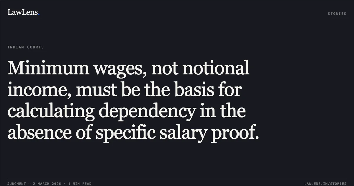 Minimum wages, not notional income, must be the basis for calculating dependency in the absence of specific salary proof.. Vaku Dungarsingh Rajput & Ors. v. Kishorsingh Bhawarsingh Daroga & Ors. [First Appeal No. 631 of 2026]. Gujarat High Court. LawLens