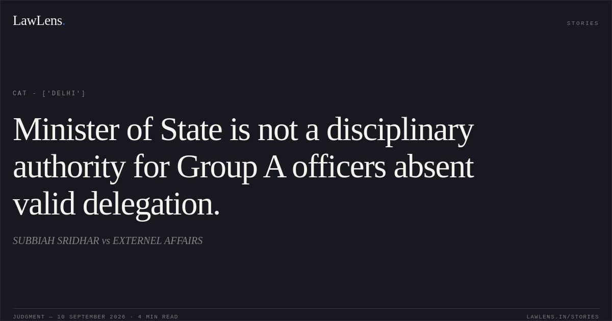 Minister of State is not a disciplinary authority for Group A officers absent valid delegation.. SUBBIAH SRIDHAR vs EXTERNEL AFFAIRS. CAT - ['Delhi']. LawLens