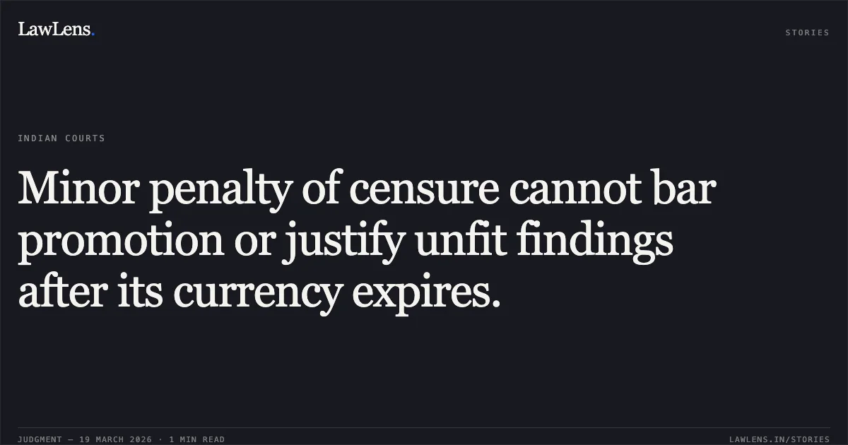 Minor penalty of censure cannot bar promotion or justify unfit findings after its currency expires.. Mahesh Kumar vs Govt. Of Nctd. Central Administrative Tribunal. LawLens
