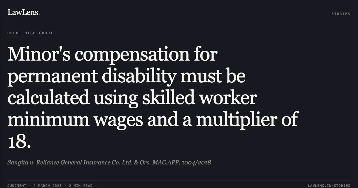 Minor's compensation for permanent disability must be calculated using skilled worker minimum wages and a multiplier of 18.. Sangita v. Reliance General Insurance Co. Ltd. & Ors. MAC.APP. 1004/2018. Delhi High Court. LawLens