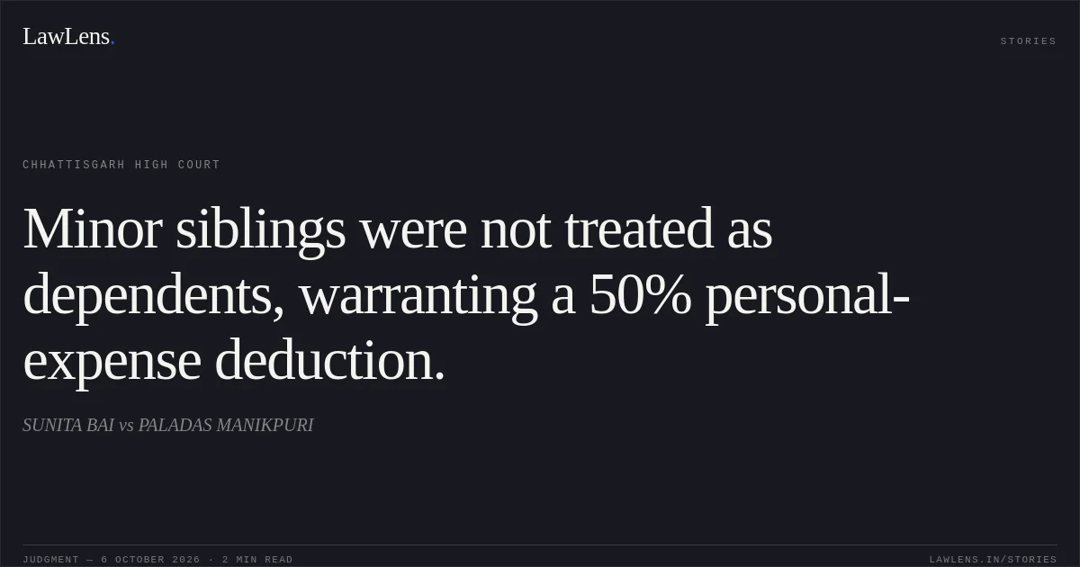 Minor siblings were not treated as dependents, warranting a 50% personal-expense deduction.. SUNITA BAI vs PALADAS MANIKPURI. Chhattisgarh High Court. LawLens