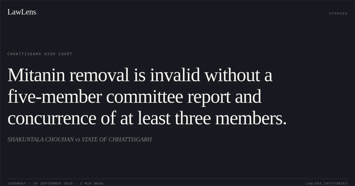 Mitanin removal is invalid without a five-member committee report and concurrence of at least three members.. SHAKUNTALA CHOUHAN vs STATE OF CHHATTISGARH. Chhattisgarh High Court. LawLens