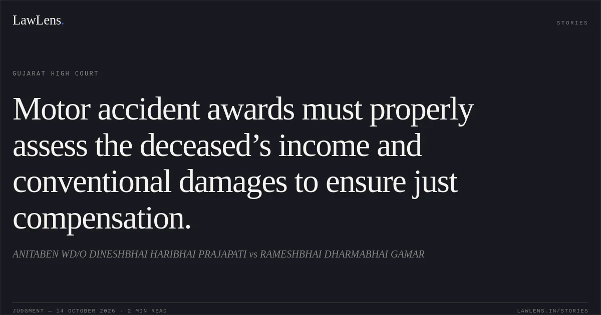 Motor accident awards must properly assess the deceased’s income and conventional damages to ensure just compensation.. ANITABEN WD/O DINESHBHAI HARIBHAI PRAJAPATI vs RAMESHBHAI DHARMABHAI GAMAR. Gujarat High Court. LawLens