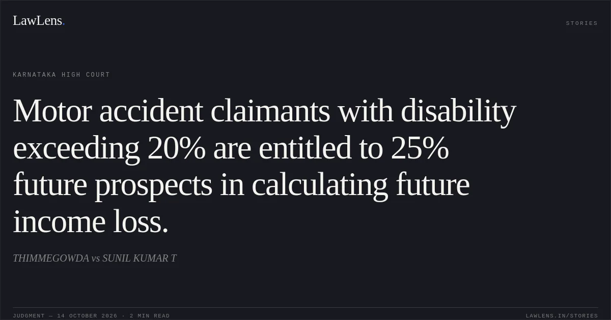 Motor accident claimants with disability exceeding 20% are entitled to 25% future prospects in calculating future income loss.. THIMMEGOWDA vs SUNIL KUMAR T. Karnataka High Court. LawLens