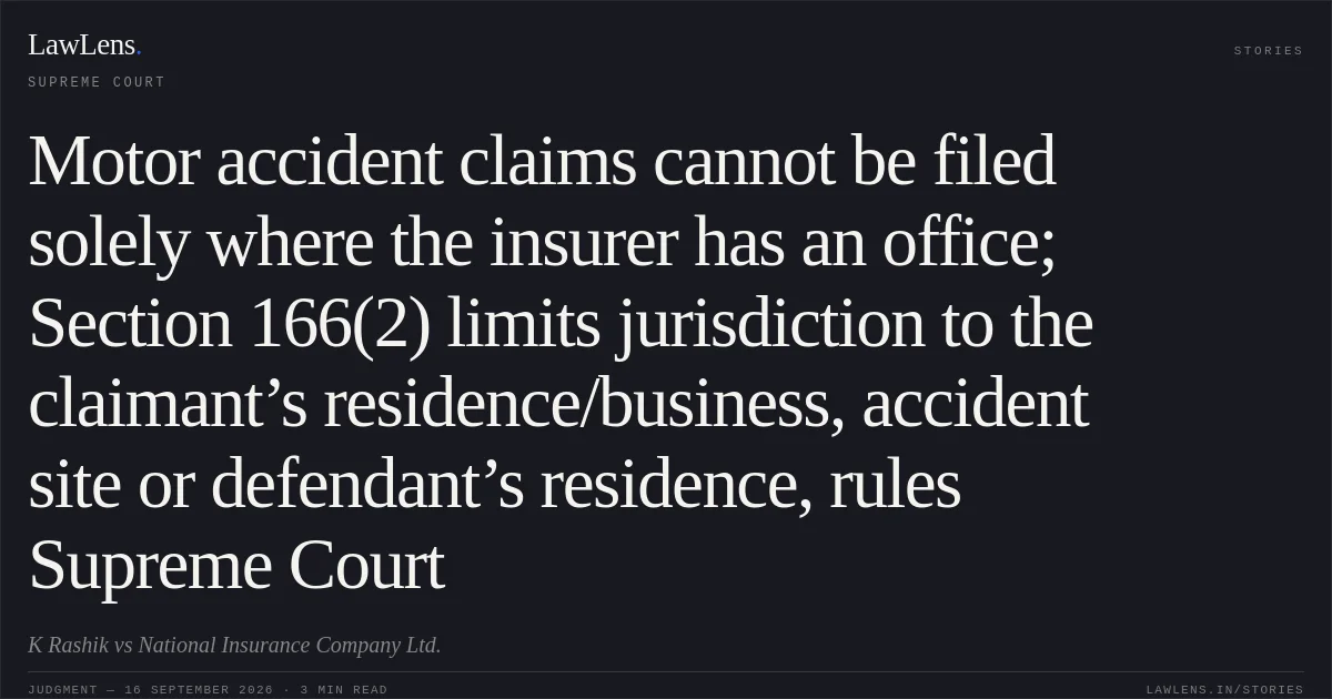 Motor accident claims cannot be filed solely where the insurer has an office; Section 166(2) limits jurisdiction to the claimant’s residence/business, accident site or defendant’s residence, rules Supreme Court. K Rashik vs National Insurance Company Ltd.. Supreme Court. LawLens