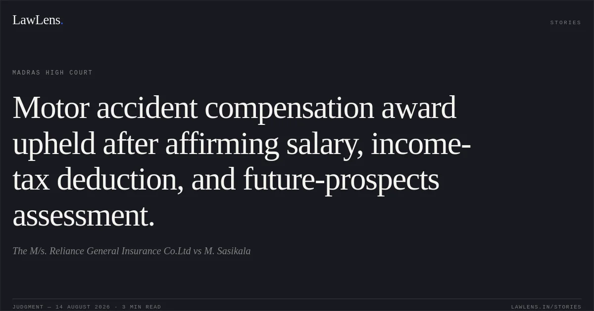 Motor accident compensation award upheld after affirming salary, income-tax deduction, and future-prospects assessment.. The M/s. Reliance General Insurance Co.Ltd vs M. Sasikala. Madras High Court. LawLens