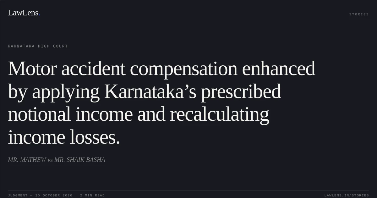 Motor accident compensation enhanced by applying Karnataka’s prescribed notional income and recalculating income losses.. MR. MATHEW vs MR. SHAIK BASHA. Karnataka High Court. LawLens