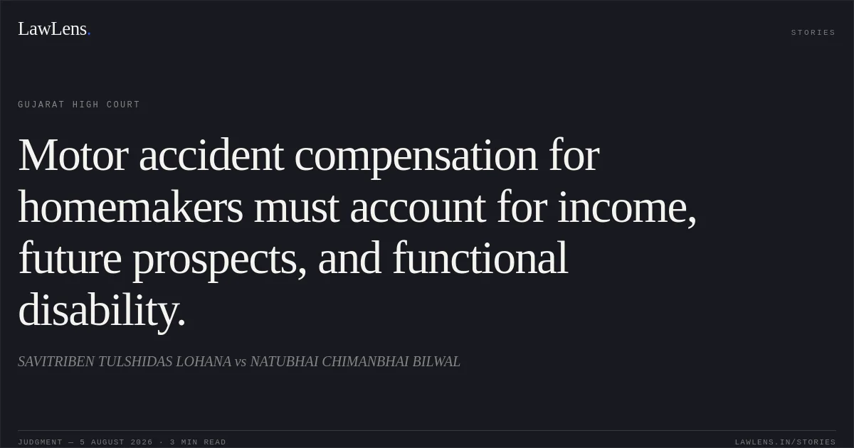 Motor accident compensation for homemakers must account for income, future prospects, and functional disability.. SAVITRIBEN TULSHIDAS LOHANA vs NATUBHAI CHIMANBHAI BILWAL. Gujarat High Court. LawLens