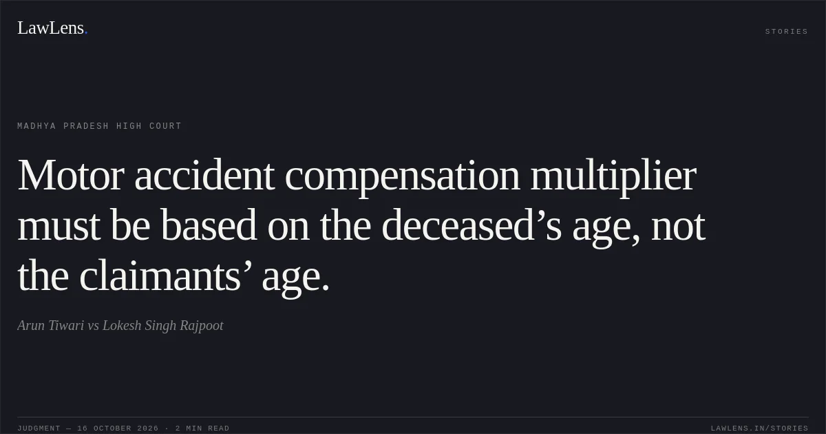 Motor accident compensation multiplier must be based on the deceased’s age, not the claimants’ age.. Arun Tiwari vs Lokesh Singh Rajpoot. Madhya Pradesh High Court. LawLens
