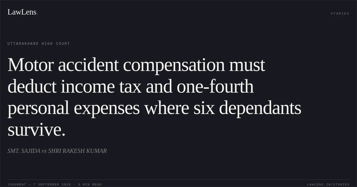 Motor accident compensation must deduct income tax and one-fourth personal expenses where six dependants survive.. SMT. SAJIDA vs SHRI RAKESH KUMAR. Uttarakhand High Court. LawLens