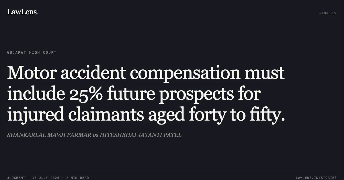 Motor accident compensation must include 25% future prospects for injured claimants aged forty to fifty.. SHANKARLAL MAVJI PARMAR vs HITESHBHAI JAYANTI PATEL. Gujarat High Court. LawLens
