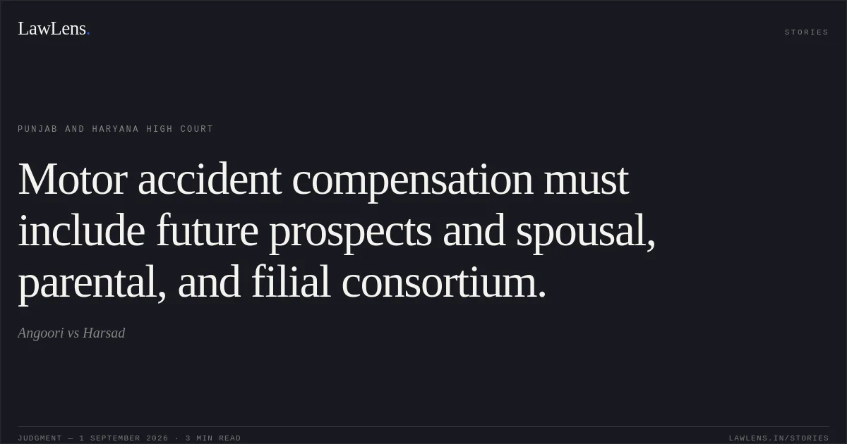 Motor accident compensation must include future prospects and spousal, parental, and filial consortium.. Angoori vs Harsad. Punjab and Haryana High Court. LawLens