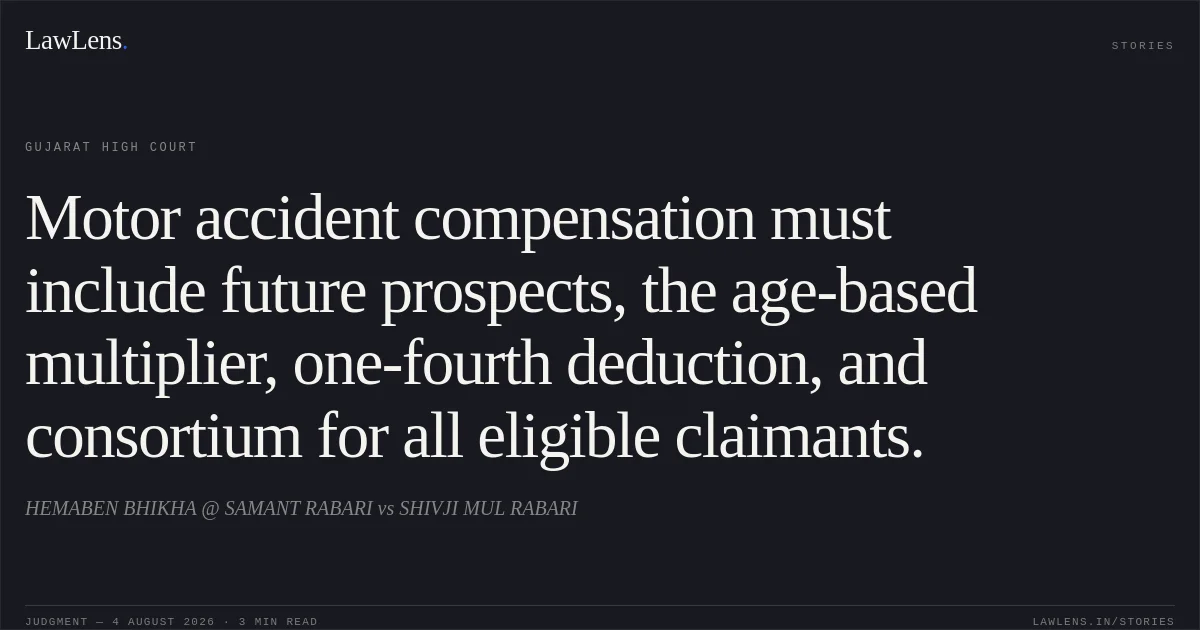 Motor accident compensation must include future prospects, the age-based multiplier, one-fourth deduction, and consortium for all eligible claimants.. HEMABEN BHIKHA @ SAMANT RABARI vs SHIVJI MUL RABARI. Gujarat High Court. LawLens